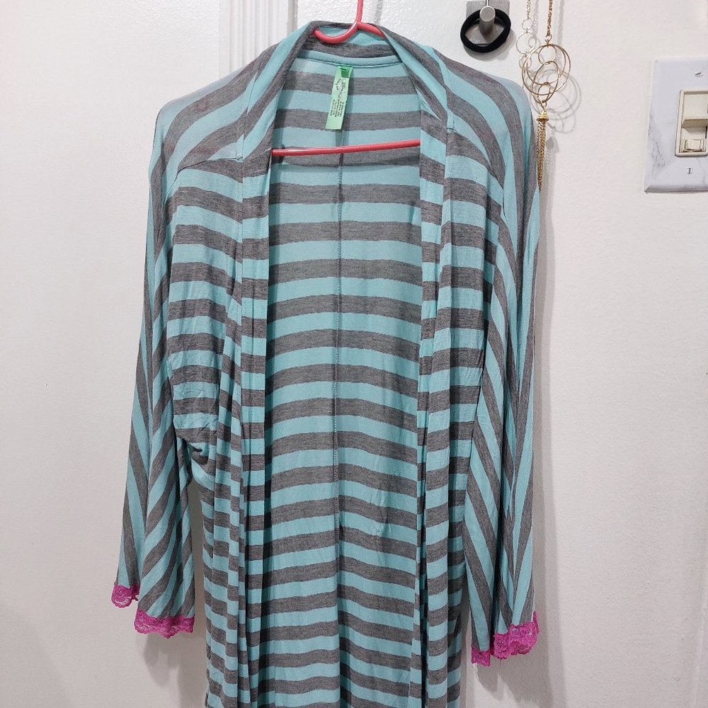 Honeydew Intimates Striped Robe Blue Pink Lace MEDIUM